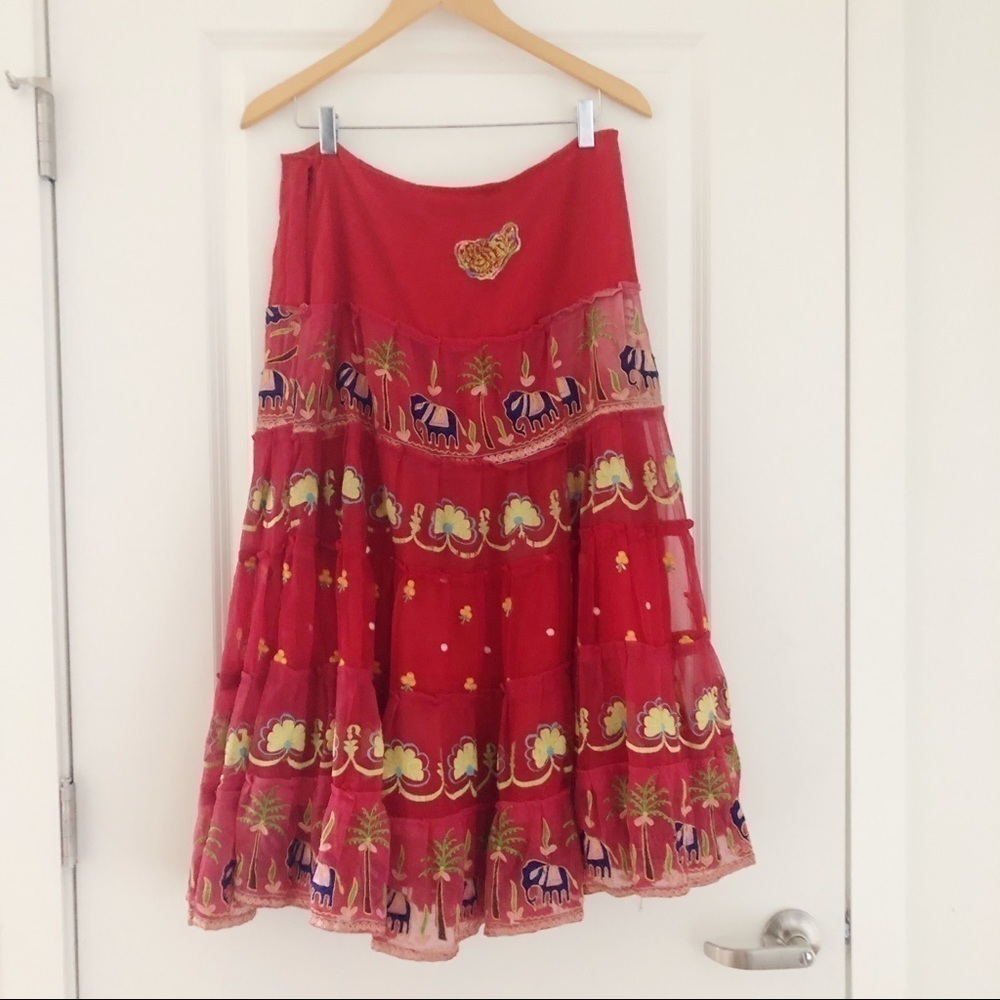 Juliet Dunn London Boho Embroidered Elephant Bird Tiered Midi Skirt Large - Picture 2 of 8